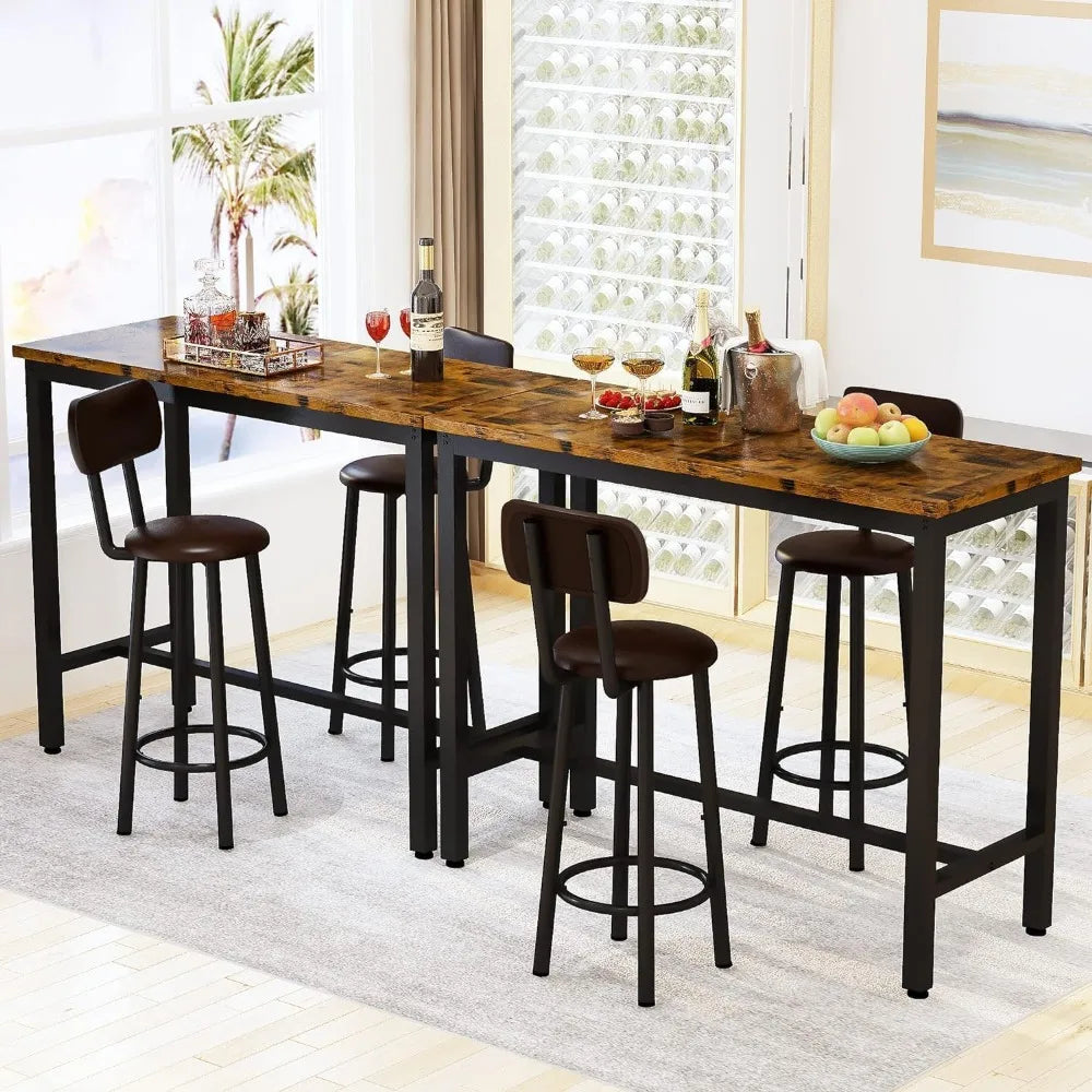 Bar Table Set of 2,39.3" Pub Height Table & 2 PU Upholstered Stools with Backrest,Industrial 3 Piece Breakfast Bar Table Sets,f