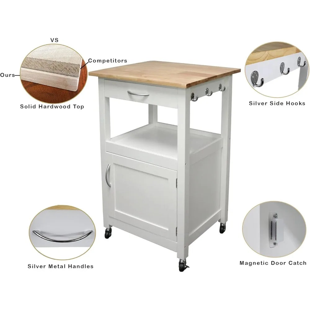 Kitchen Island Cart on Wheels with Drawer, Storage Cabinet, Shelf and Natural Solid Hardwood Top,