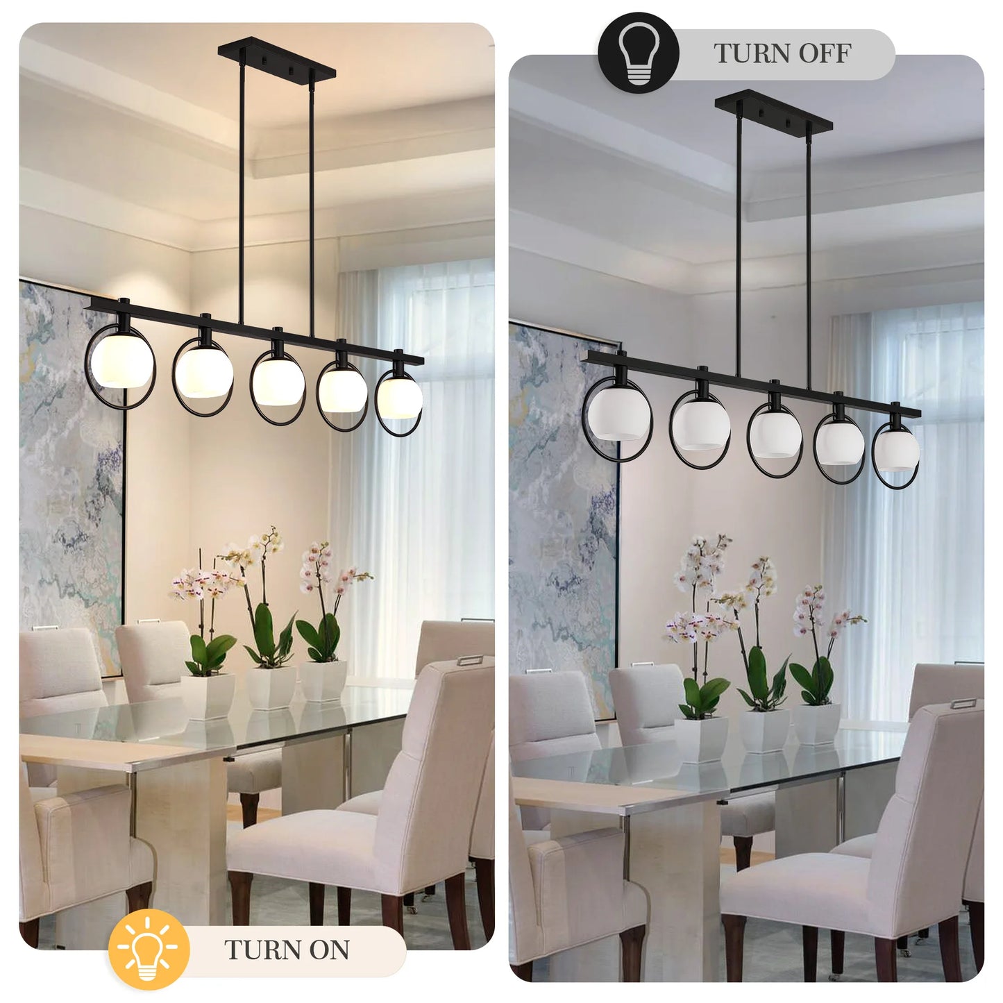 Modern 5-Light Adjustable Chandelier with Glass Shades Black Metal Frame Pendant Light Fixture Hanging Lighting for High Ceiling