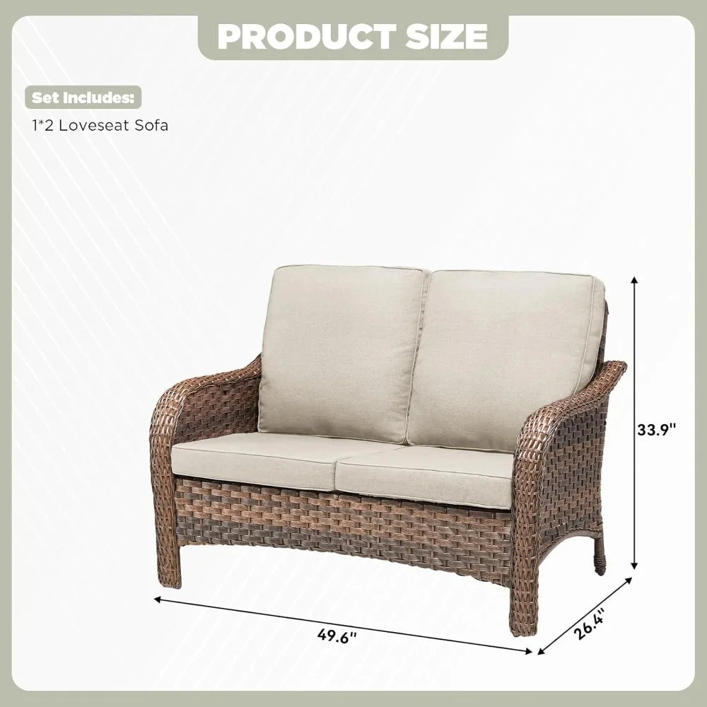 Outdoor Loveseat Patio Sofa, All Weather 2-Seat Wicker Couch with Removable Cushion, Rattan High Back Sofa Deep Seating Furnitur