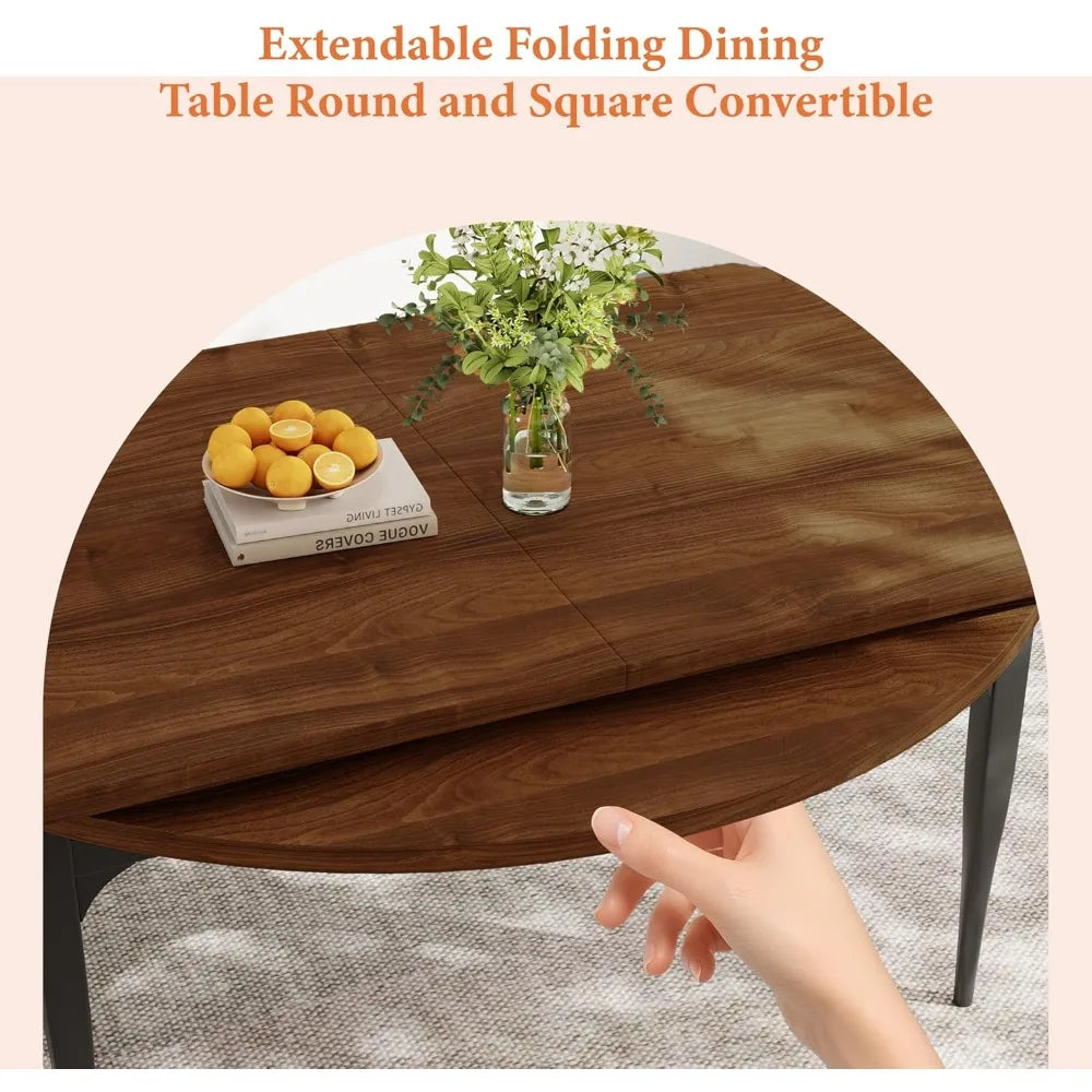 Expandable Folding Dining Table Set, 55-Inch Round to Square Table with 6 Upholstered Chairs, Metal Frame, for Dining Room or