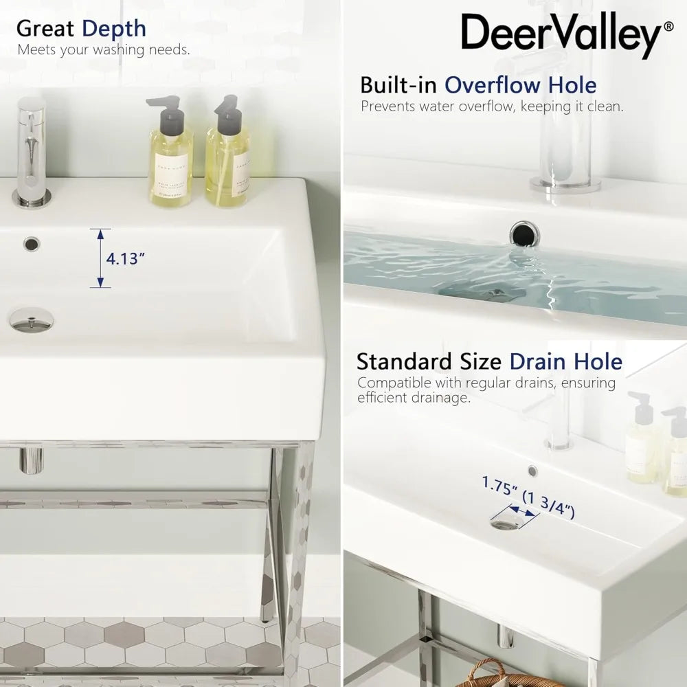 Bathroom Console Sink 32"x17" Free Standing 34 Inch Sink for Bathroom, White Vessel Ceramic Vanity Basin Modern Rectangular