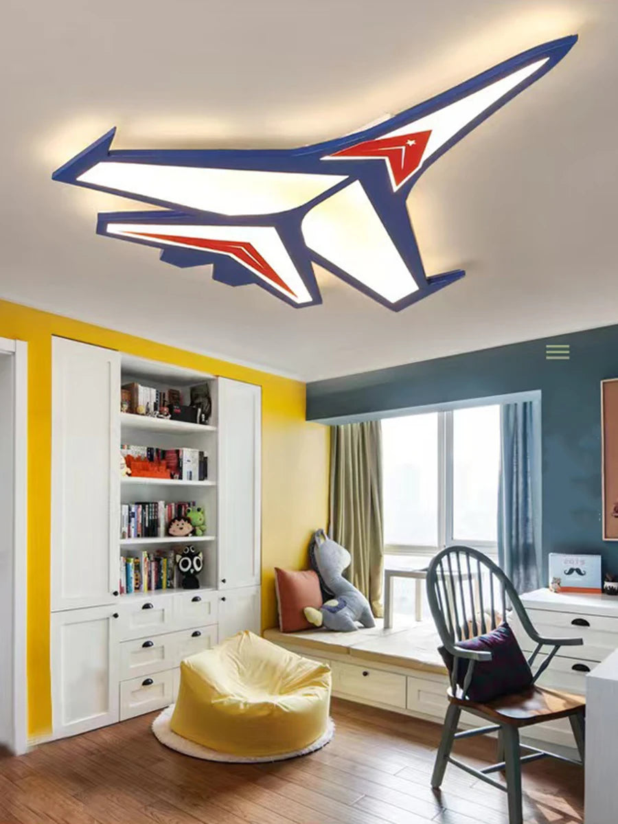 Kids' Room Aircraft Ceiling Light, Creative Cartoon Smart Remote-Controlled Eye-Caring Lamp for Boys' Bedroom
