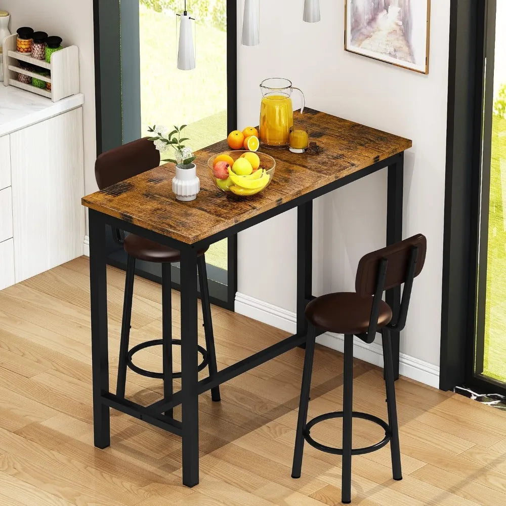 Bar Table Set of 2,39.3" Pub Height Table & 2 PU Upholstered Stools with Backrest,Industrial 3 Piece Breakfast Bar Table Sets,f