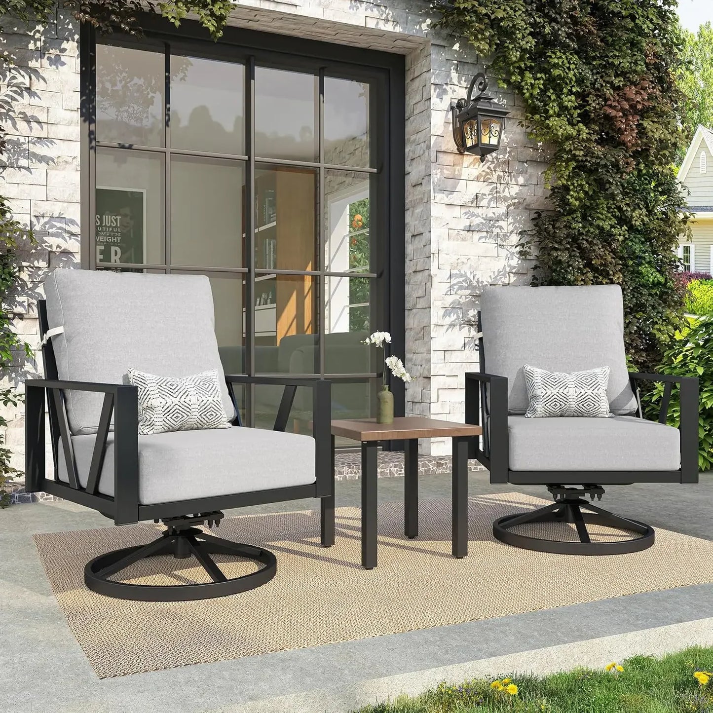 Outdoor Patio Swivel Rocking Chairs Set, 3 Pieces Outdoor Bistro Set with Coffee Table – for Balcony, Yard & Deck Use