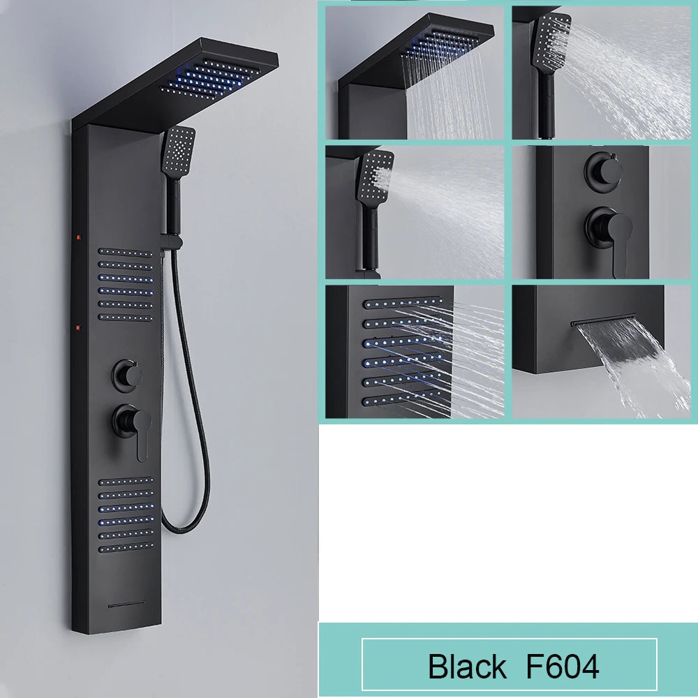 Black LED Light Shower Panel Waterfall Rain Shower Faucets SPA Massage Jet Bath Shower Column Shower system Mixer Tap Tower