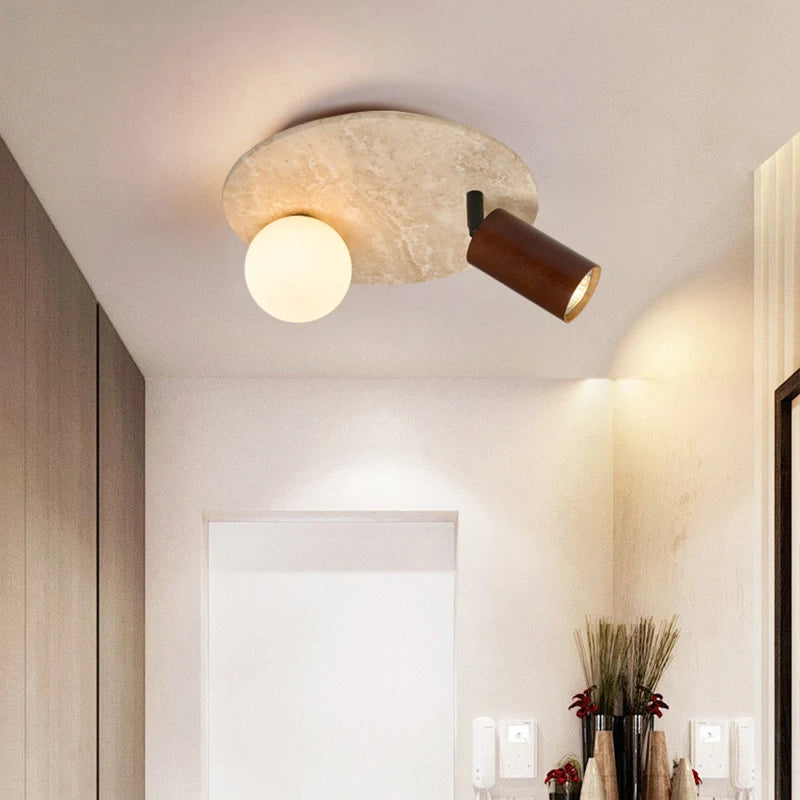 IWHD Nordic Modern Ceiling Lamp Wood Yellow Travertine LED Ceiling Light For Home Decoration Aisle Stair Bar Lámparas Para Techo