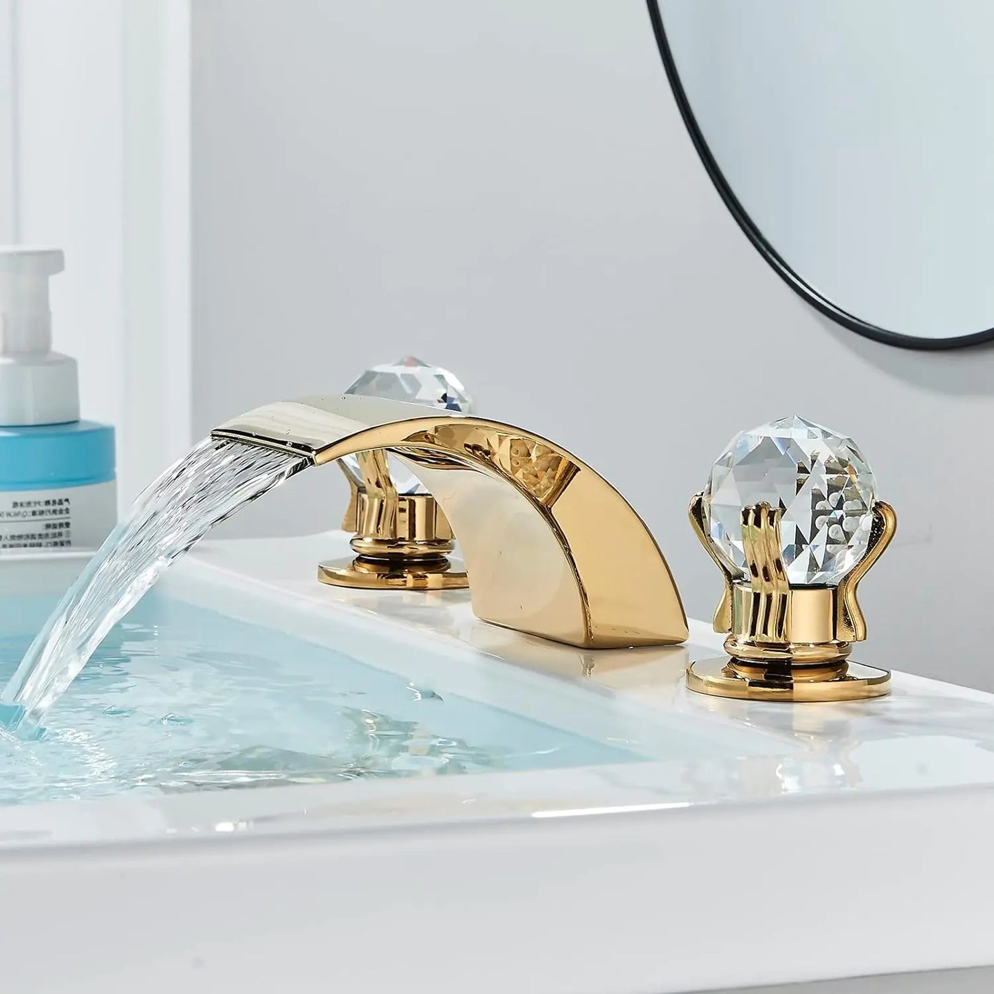 LED Widespread Bathroom Faucet Waterfall Gold Polished Lavatory Faucets Basin Mixer Tap 2 Crystal Knobs 3 Holes