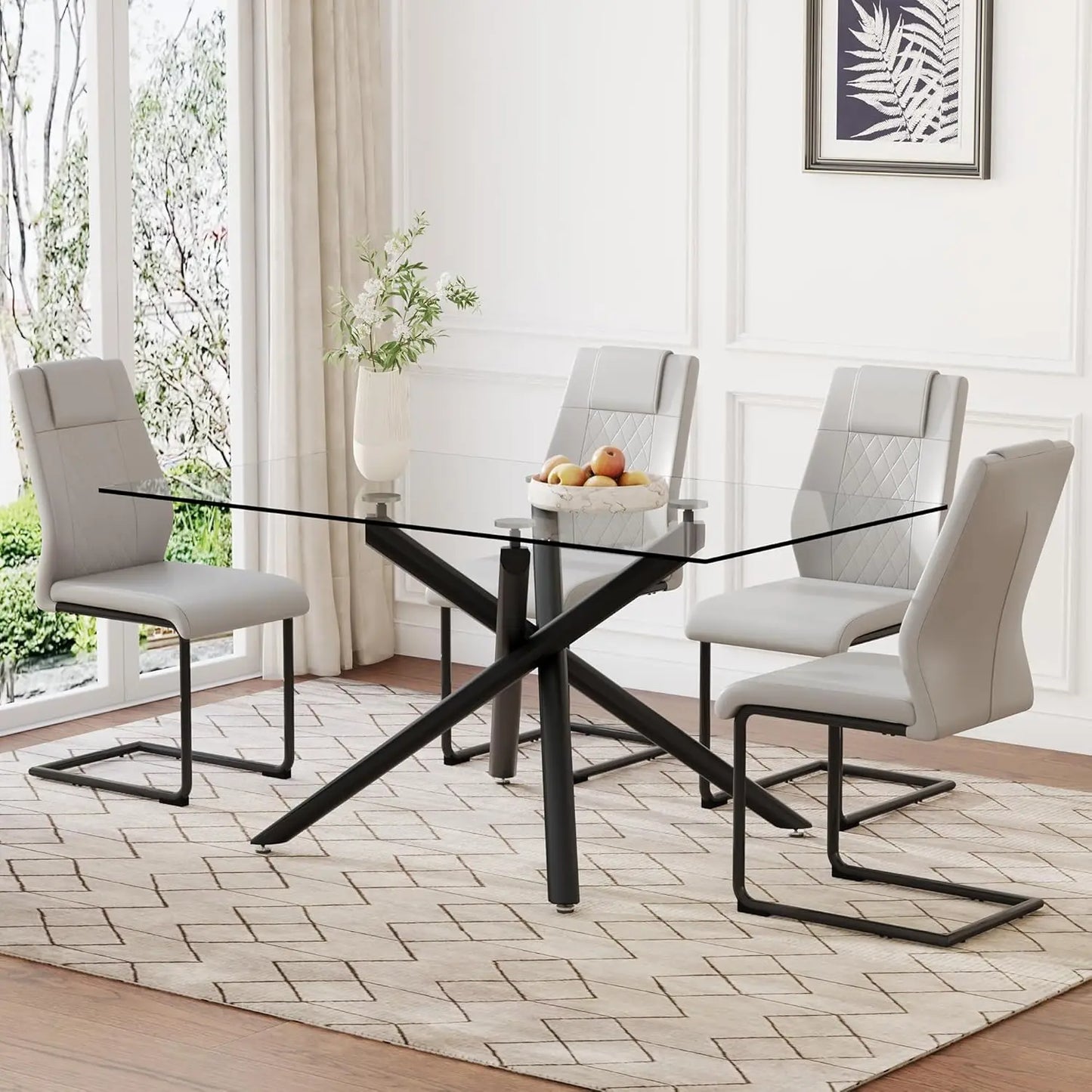 Modern Dining Table Set for 6, 63" Dinner Table Set for 6,Marble-Patterned Tempered Glass Kitchen Tabletop Silver Legs and 6 Bla