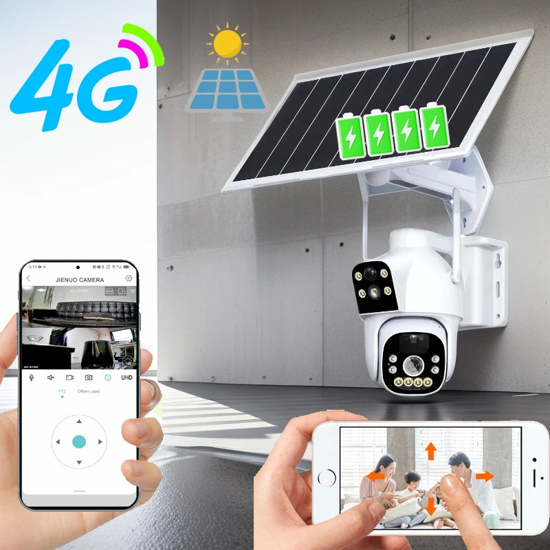 4G Solar Power Battery IP Camera PTZ Dual Lens SIM Card Wireless Auto Tracking Outdoor Waterproof PIR Full Color IR HD Home Cam