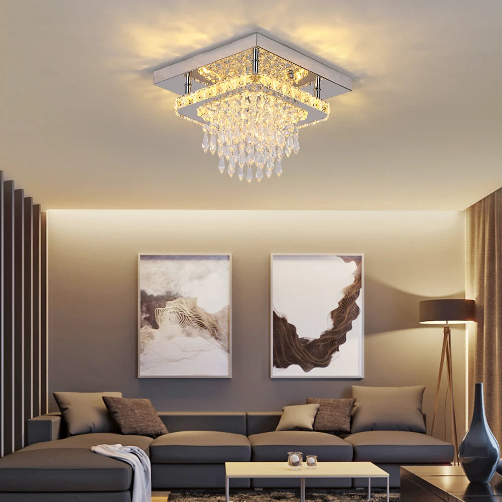 Ceiling Lamp Led Modern Chandelier Pendant Light Drop Crystal Square Design Living Dining Room Home Decor Indoor Hanging Fixture
