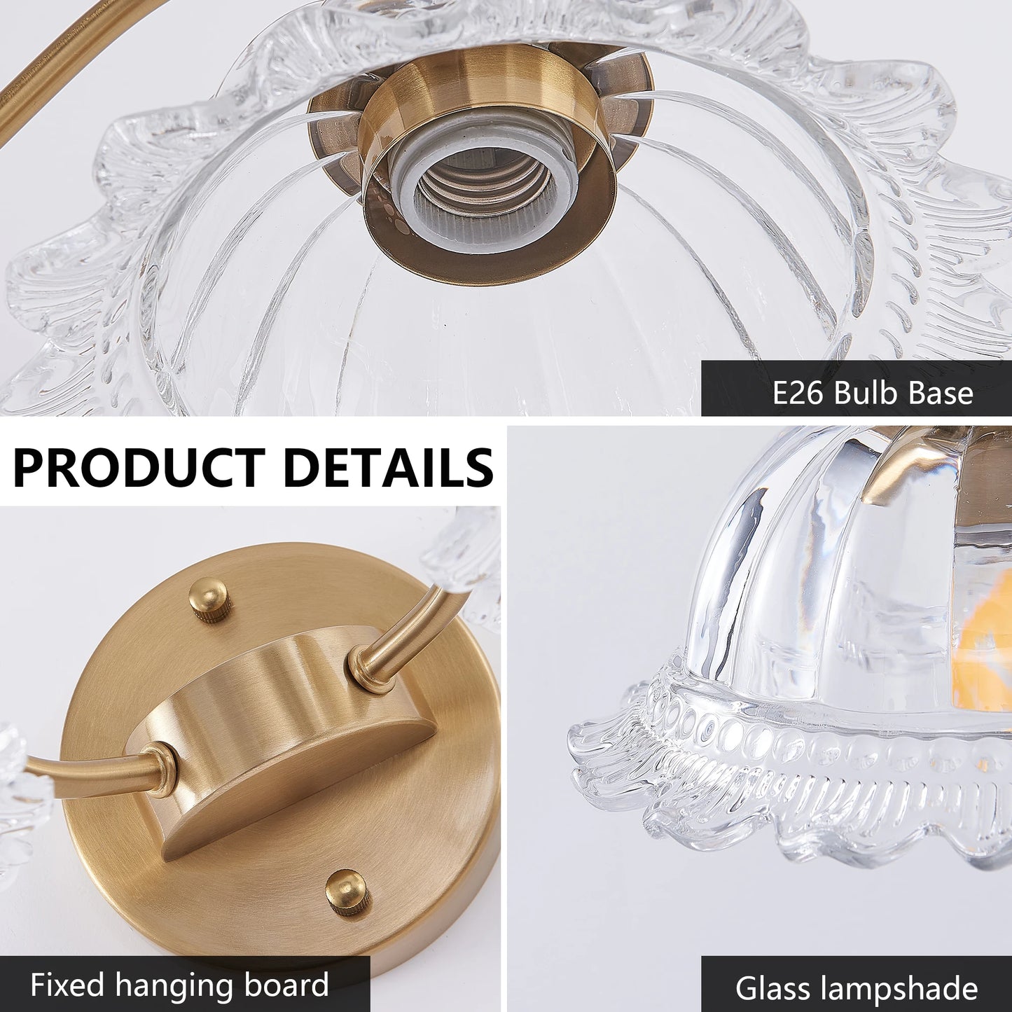 20 英寸 2-Light Vintage Bathroom Wall Sconce – Elegant Golden Metal and Glass Lampshade Vanity Light Fixture
