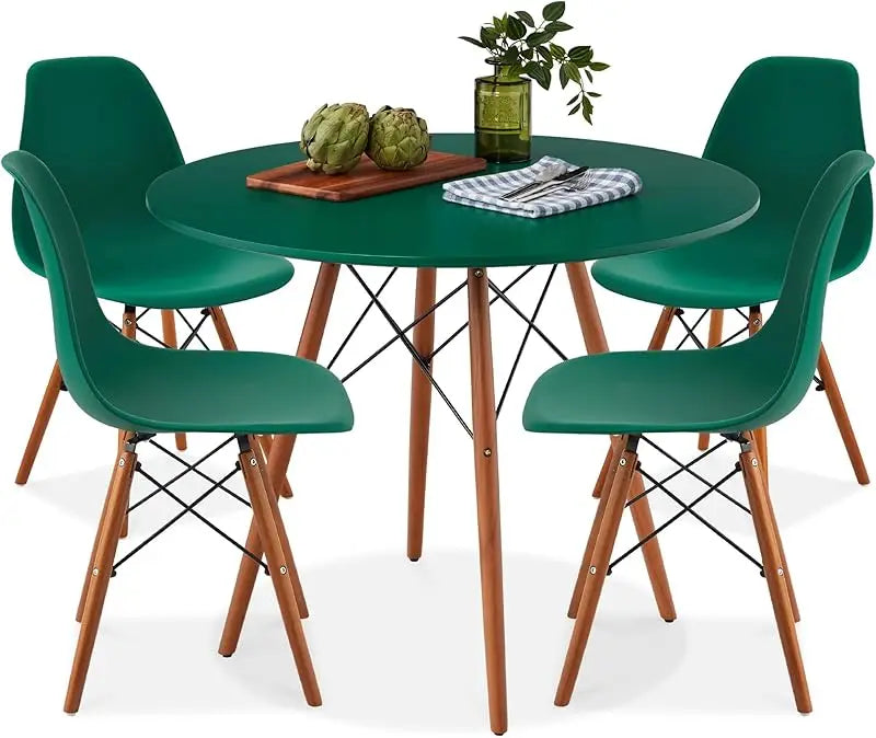5-Piece Dining Set, Compact Mid-Century Modern Table & Chair Set for Home, Apartment w/ 4 Chairs, Plastic Seats, Wooden Legs