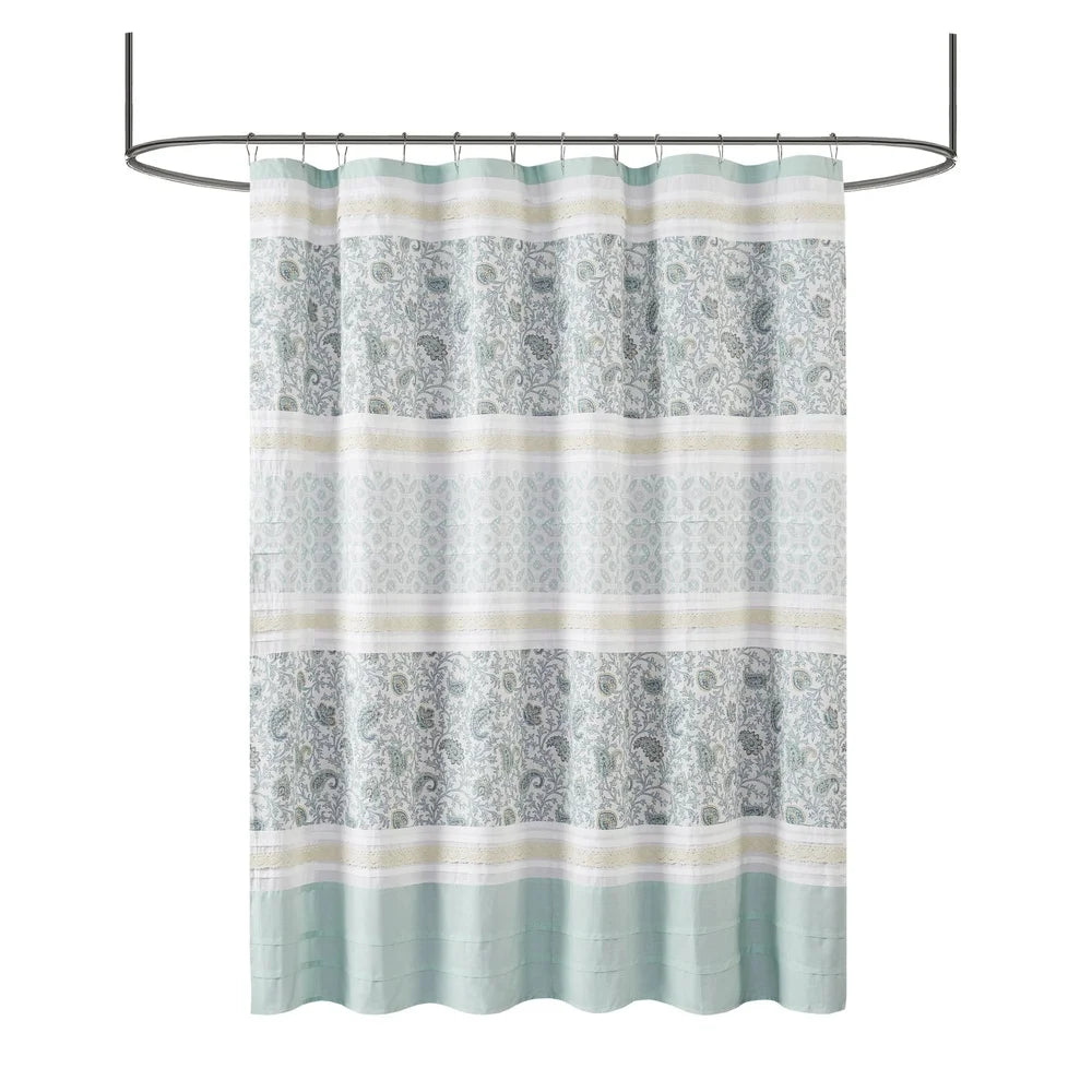 Charming Cotton Shower Curtain with Pintucked Detailing Paisley Design Lace Taping Oeko-Tex Certified Easy Care Machine Washable