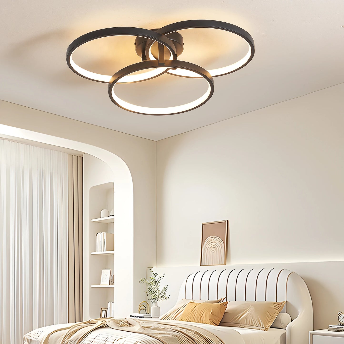 Modern LED Ceiling Light 3-Ring Flush Mount Fixture Black Finish Dimmable for Living Room/Bedroom/Dining Room