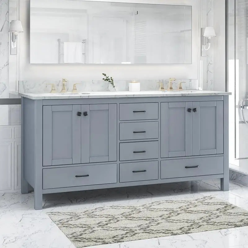 73" Bathroom Vanity with Marble Top & Dual Ceramic Sinks, 4 Cabinet Doors, 6 Drawers, Grey Finish