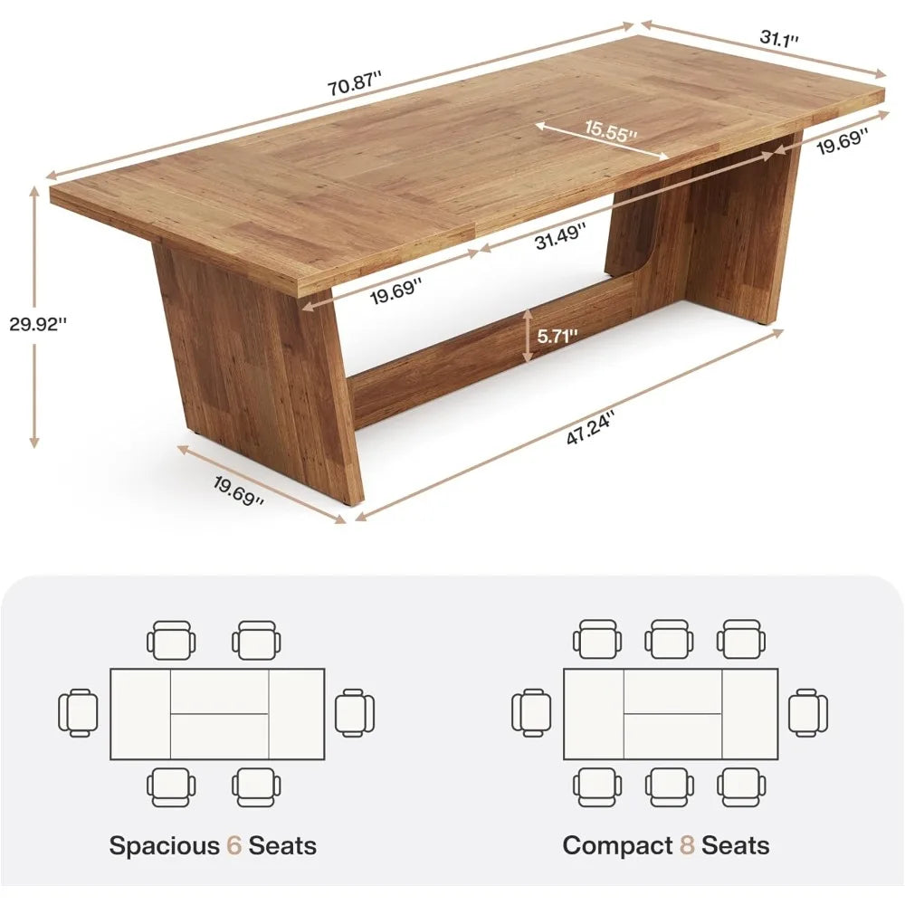 70.87-Inch Dining Room Table: Wood Large Dining Table for 6-8 People, Rectangular Farmhouse Kitchen Table with Solid Pedestal