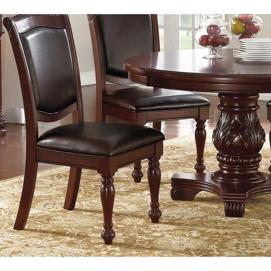 Gorgeous Formal Set of 2 Side Chairs Brown Color Rubberwood Dining Room Furniture Faux Leather Upholstered Seat