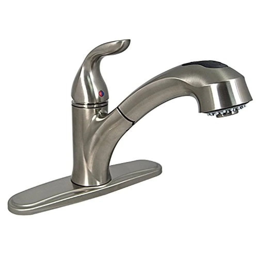Single Handle Pull Out Kitchen Faucet Brushed Nickel 10 Inch Spout Adjustable Flow Rate 2.2 GPM Ceramic Valve 3 Hole Mount