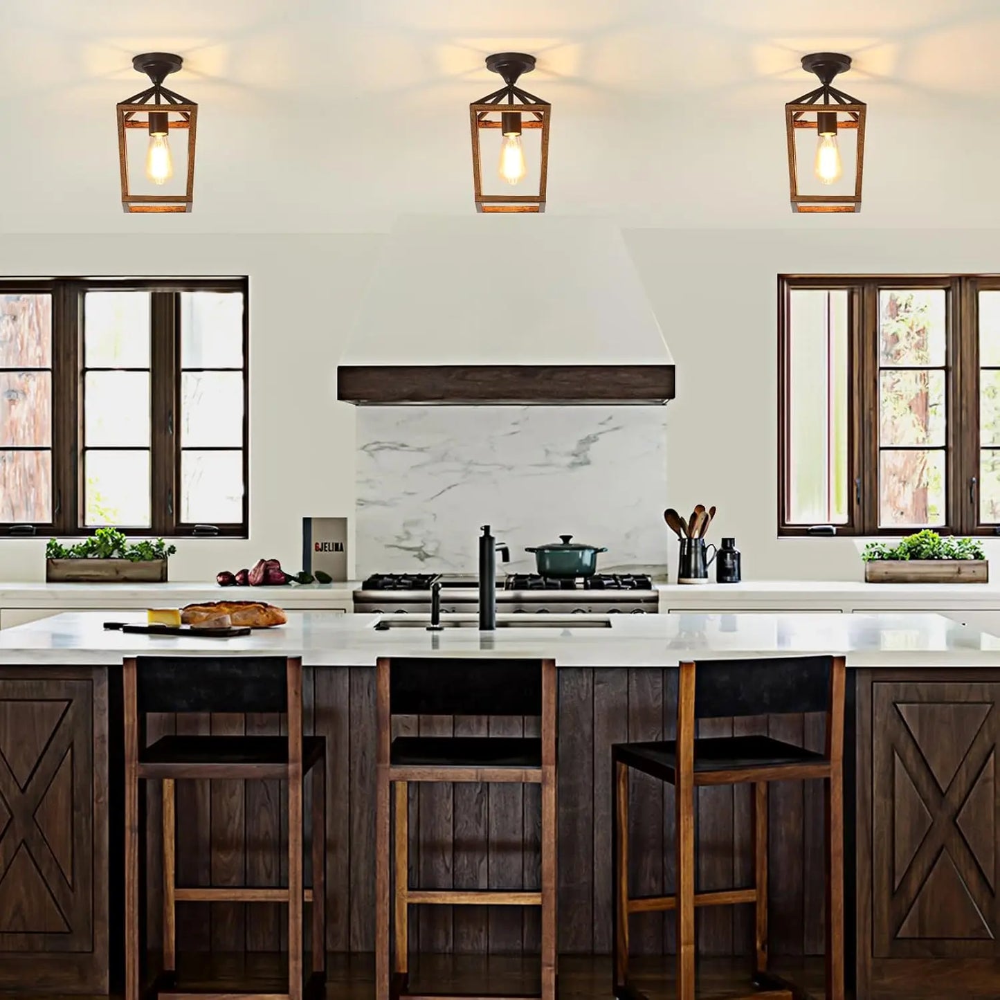 Farmhouse Semi-Flush Ceiling Light - Wood Grain Metal Industrial Fixture for Dining Room, Hallway & Entryway (2-Pack)