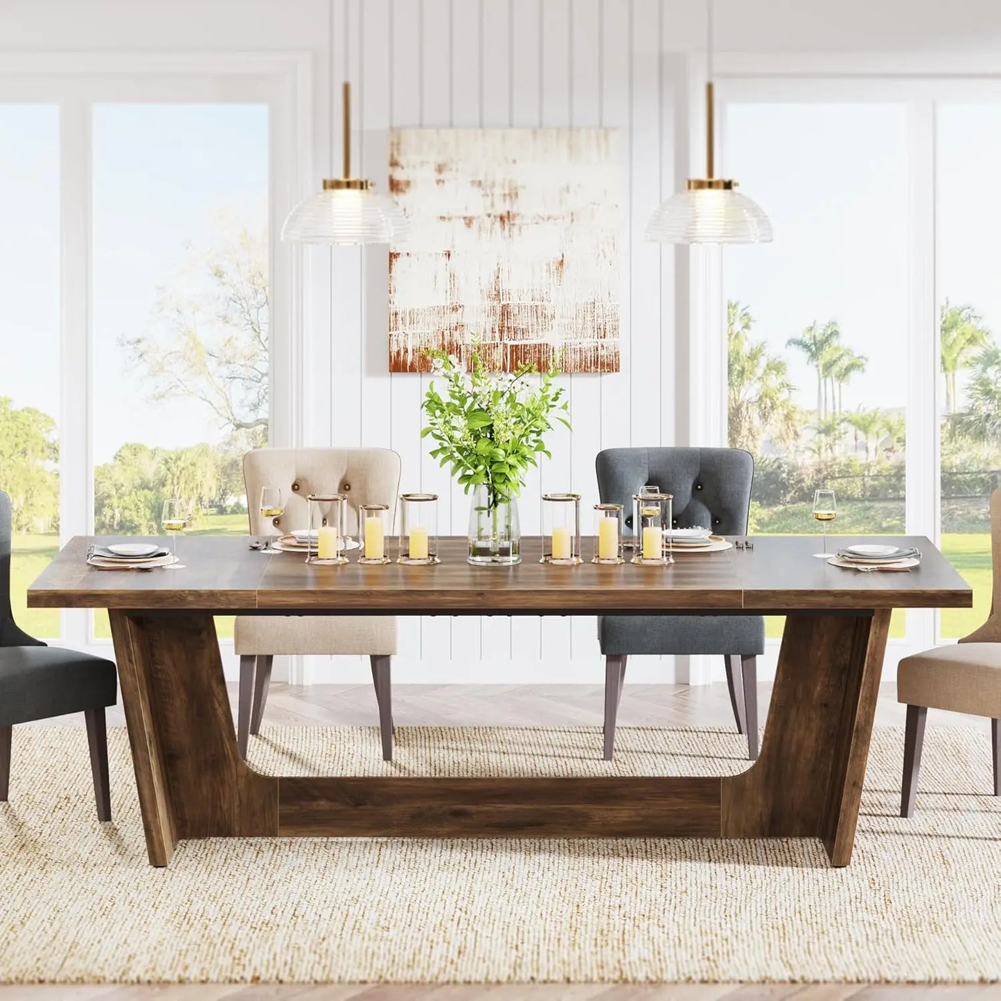 70.87-Inch Dining Room Table: Wood Large Dining Table for 6-8 People, Rectangular Farmhouse Kitchen Table with Solid Pedestal