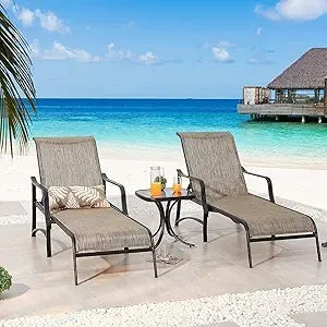 3 Pcs Chaise Lounge Set of 2 Patio Chairs with Adjustable Backrest in 4 Reclining Levels and 1 Metal Bistro Table with Tempered