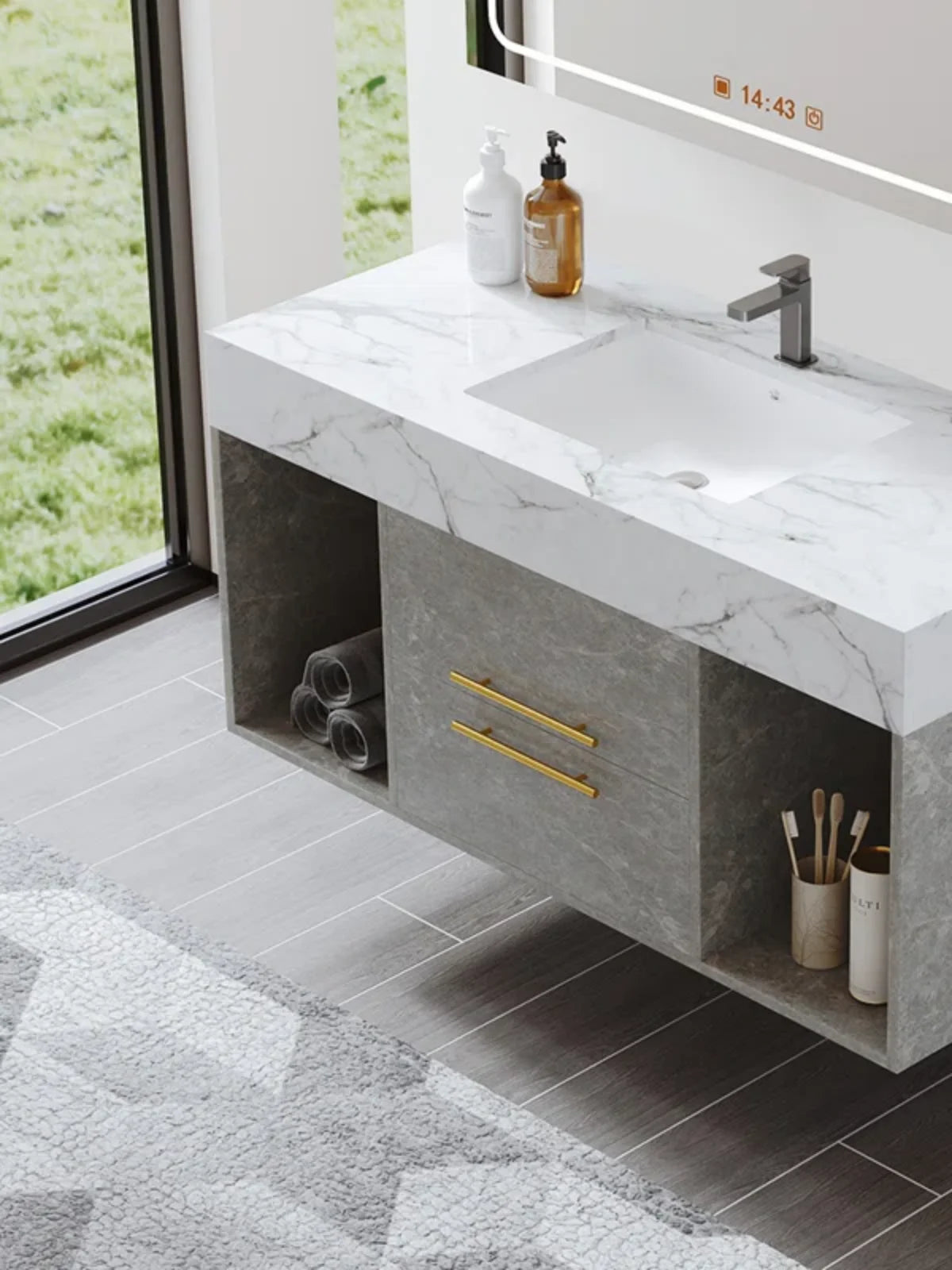 Wall mounted single bathroom dressing table easy to clean and install with artificial marble countertop