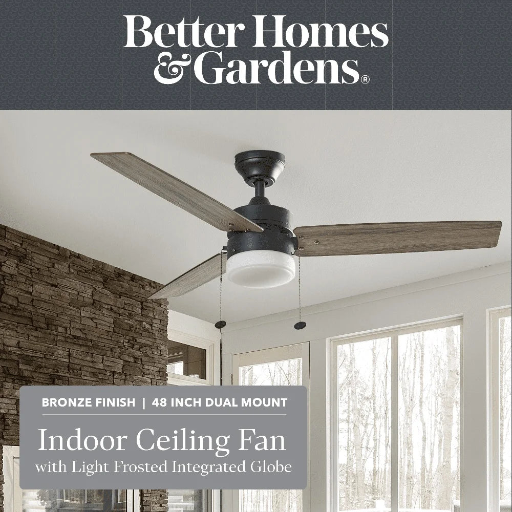 48 Inch Modern Ceiling Fan with Light Pull Chains Reversible Blades Energy Saving Quiet Performance Indoor Use LED Bulbs