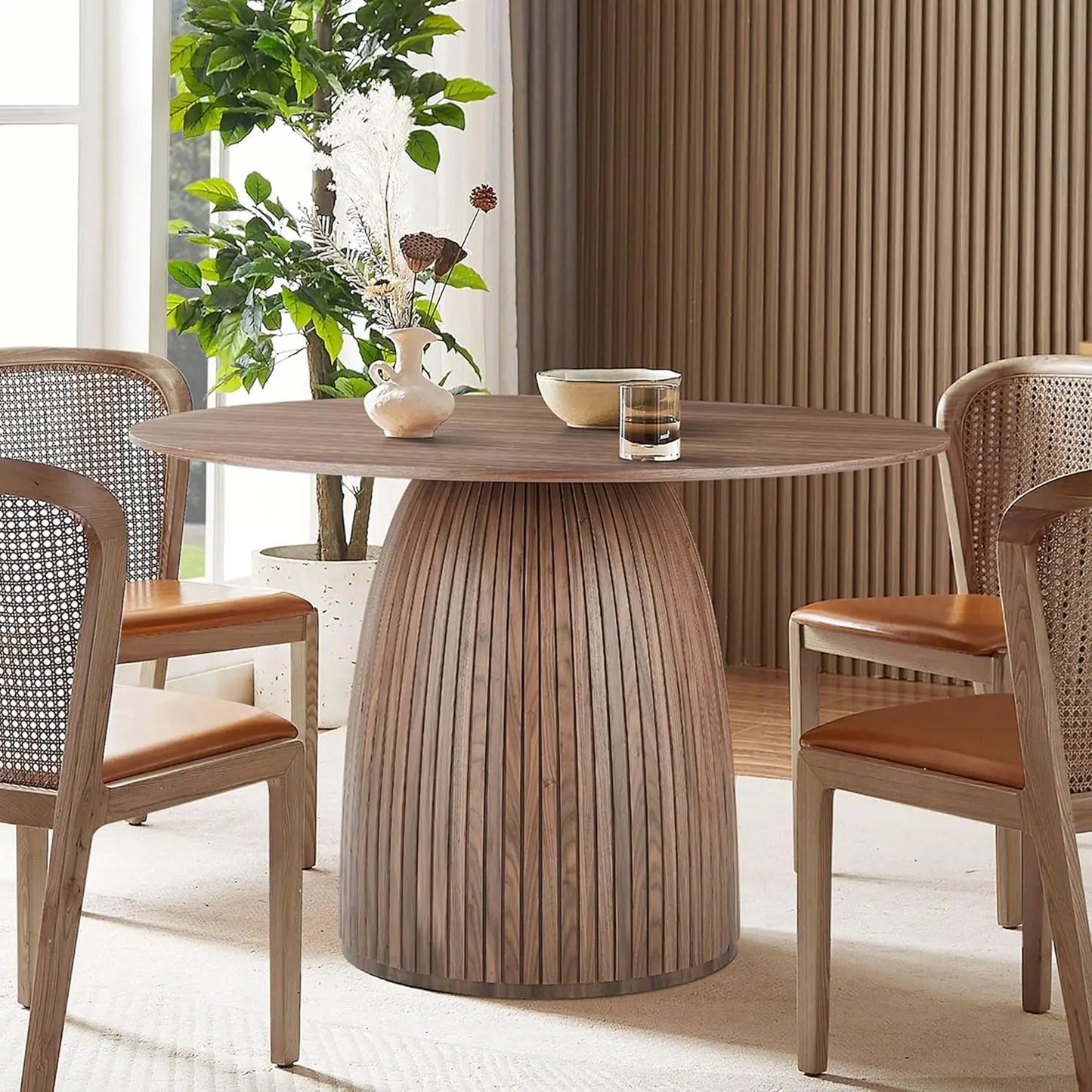 43" Mid-Century Modern Farmhouse Round Dining Table for 4-5 - Wooden Pedestal Base with MDF Table Top, Compact Kitchen