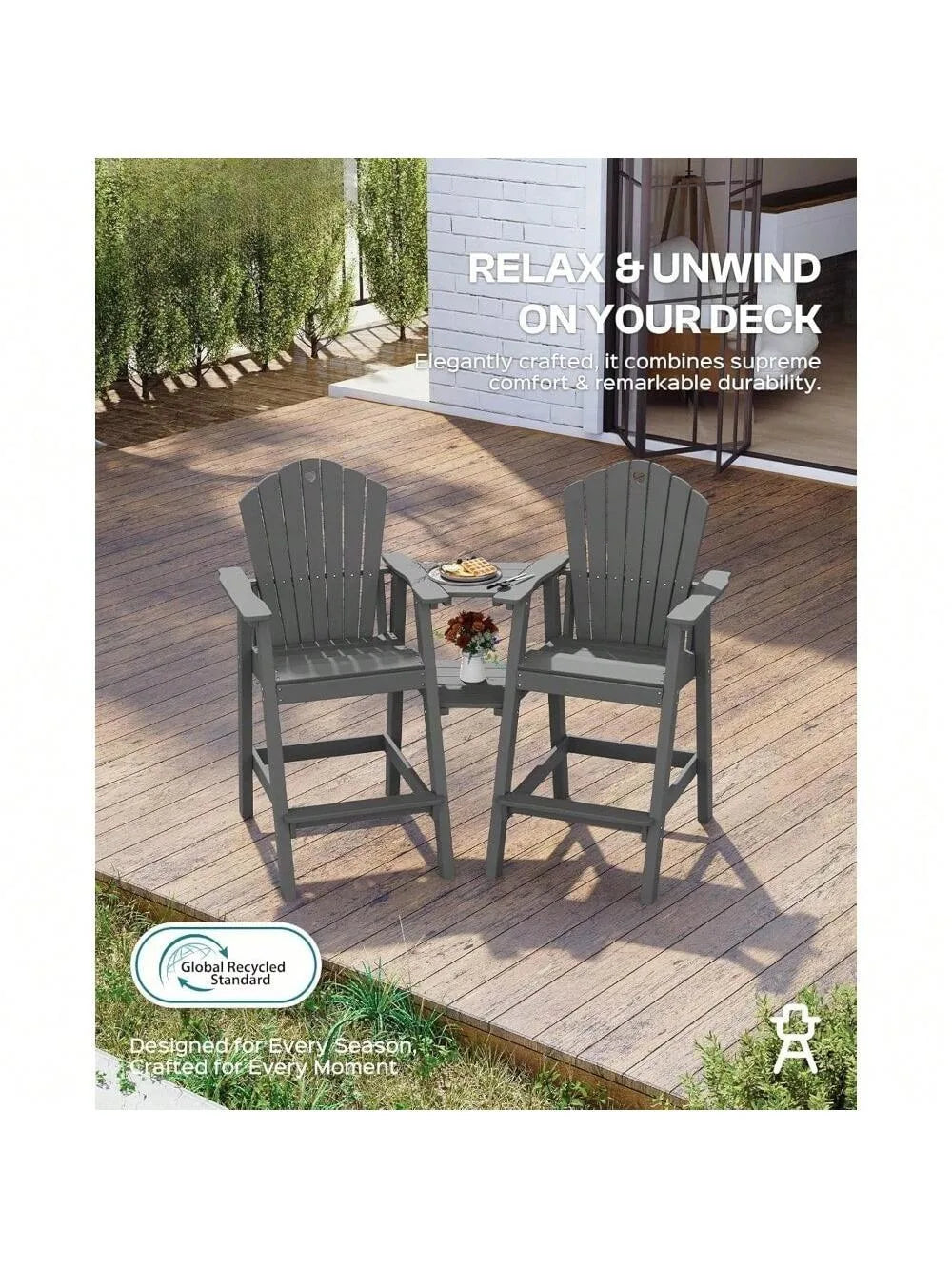 Tall Adirondack Chairs Set of 2 with 2-Layer Connecting Table, HDPE Bar Height Outdoor Table and Chairs with Umbrella Hole