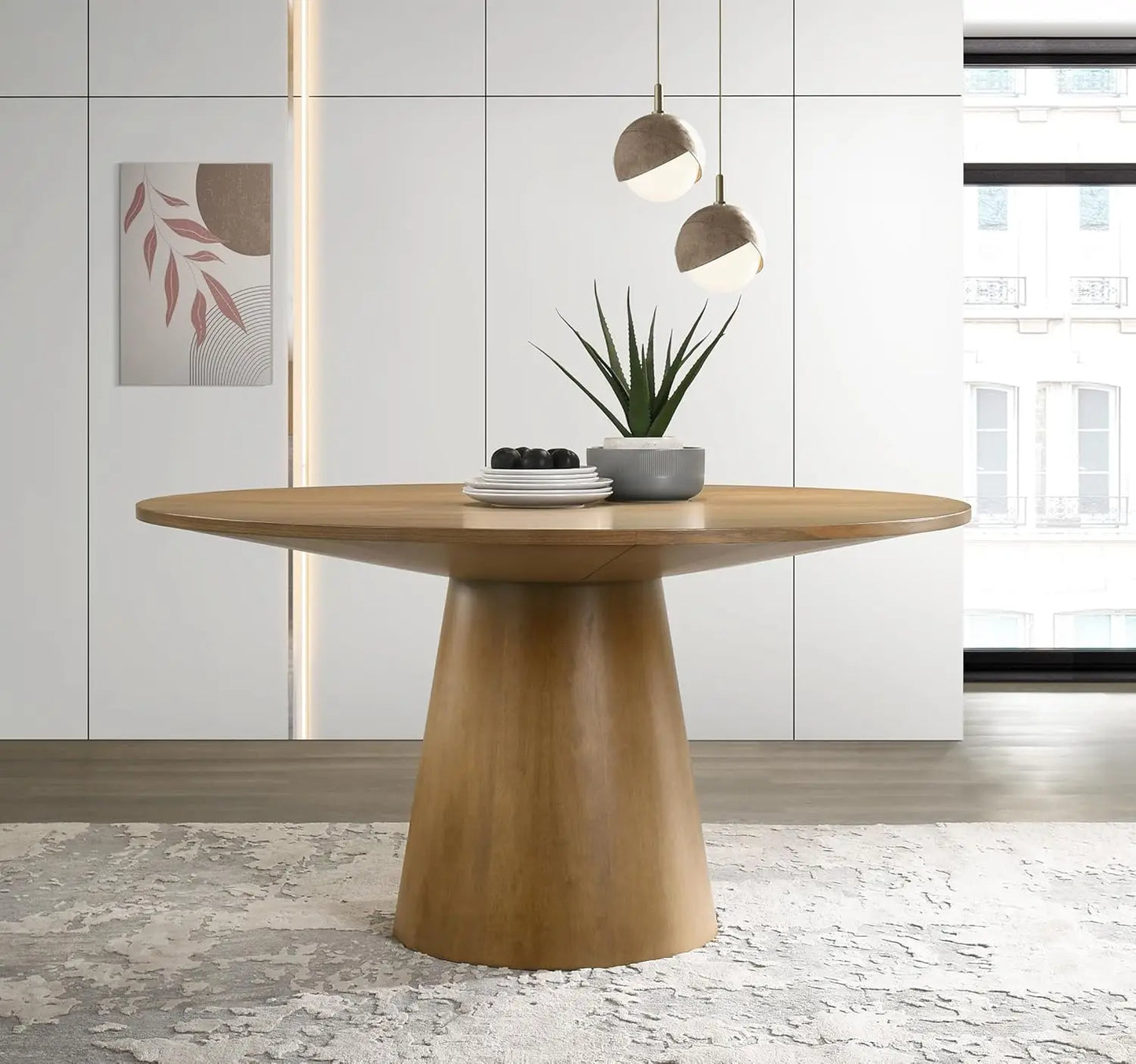 43" Mid-Century Modern Farmhouse Round Dining Table for 4-5 - Wooden Pedestal Base with MDF Table Top, Compact Kitchen
