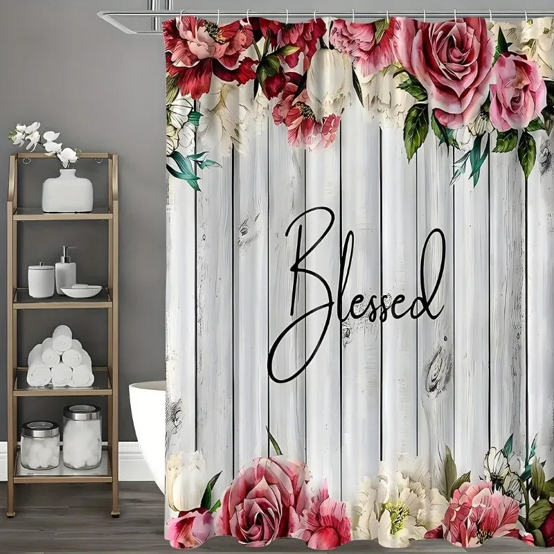 1pcs Flowers On A White Background Shower Curtain, Waterproof Shower Curtain With 12 Hooks, Bathroom Decor, Shower Curtain Sets