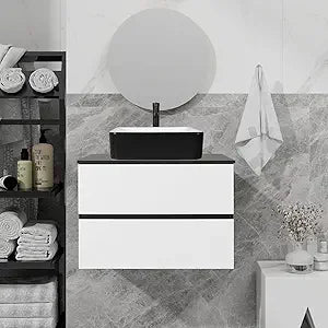 30-Inch Black and White Wall Mounted Bathroom Vanity Cabinet with 2 Drawers and Silver Boat Glass Sink