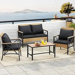 4 pieces patio furniture set outdoor wicker patio conversation set with metal table and soft cushions all-weather rattan bistro