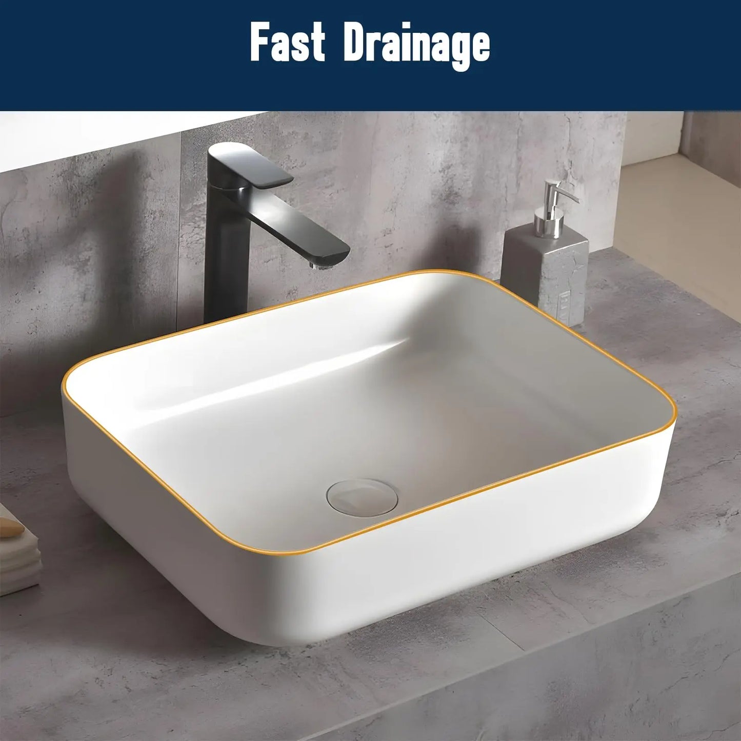Ceramic Bathroom Sink Rectangular 20 X 16 Inch White Elegant Modern Style Gold Rim Vessel Sink Above Counter, Without Faucet