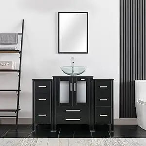 48" Modern Bathroom Vanity Sink Combo Black W/Small Side Cabinets Clear Boat Glass Vessel Sink & Water Save Faucet & Pop Up Dra