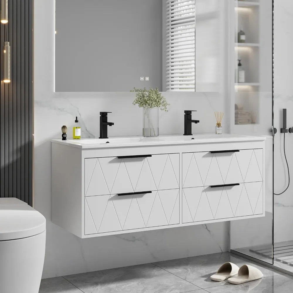 48" Bathroom Vanities Cabinet with Sink Combo, Wall Mounted Floating Cabinet W/Decor Line, Soft-Close System, 4 Extra Big Drawe