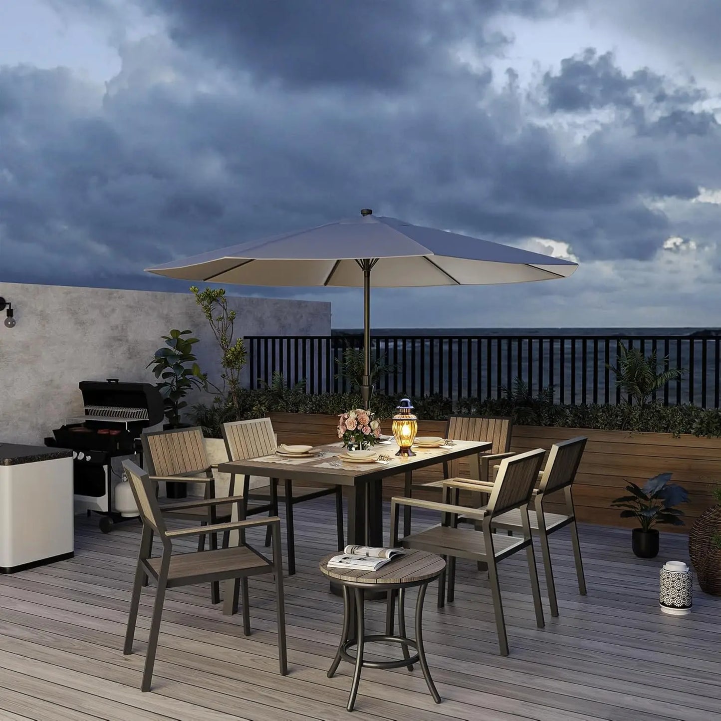 8-Piece Outdoor Dining Set, Patio Furniture Set with Walnut Plastic-Wood Table Top & 6 Stackable Chairs