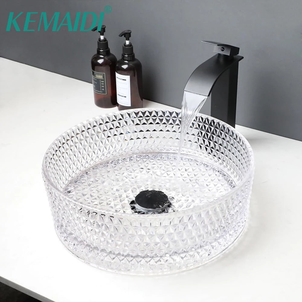 KEMAIDI 16 Inch Crystal Bathroom Vessel Sink with Faucet Clear Tempered Glass Vessel Sink Above Counter Sink Bowl Art Basin