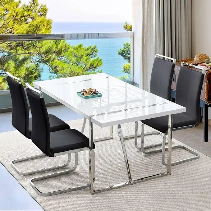 Restaurant Furniture, Modern Metal Frame Dining Room Table Set 4 with Metal Frame For Kitchen, Leather Dining Chairs Dining Set