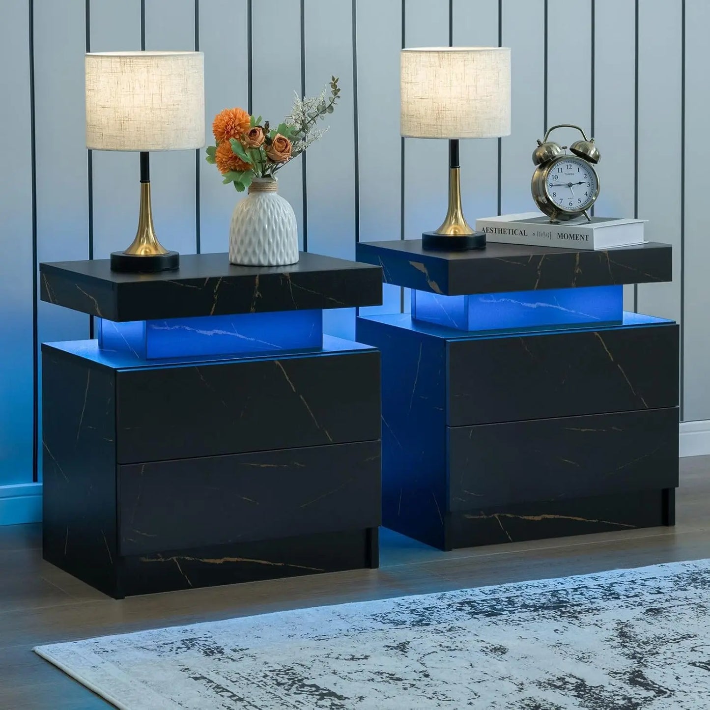 LED Nightstand Set of 2 with 2 Drawers, Bedside Table with Drawers for Bedroom Furniture, Side Bed Table