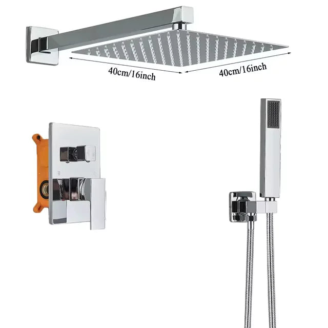 Chrome Rainfall Shower Faucet Set Bathroom Stainless Steel Wall Mounted Concealed 16 Inch Shower System Hot Cold Water Mixer Tap