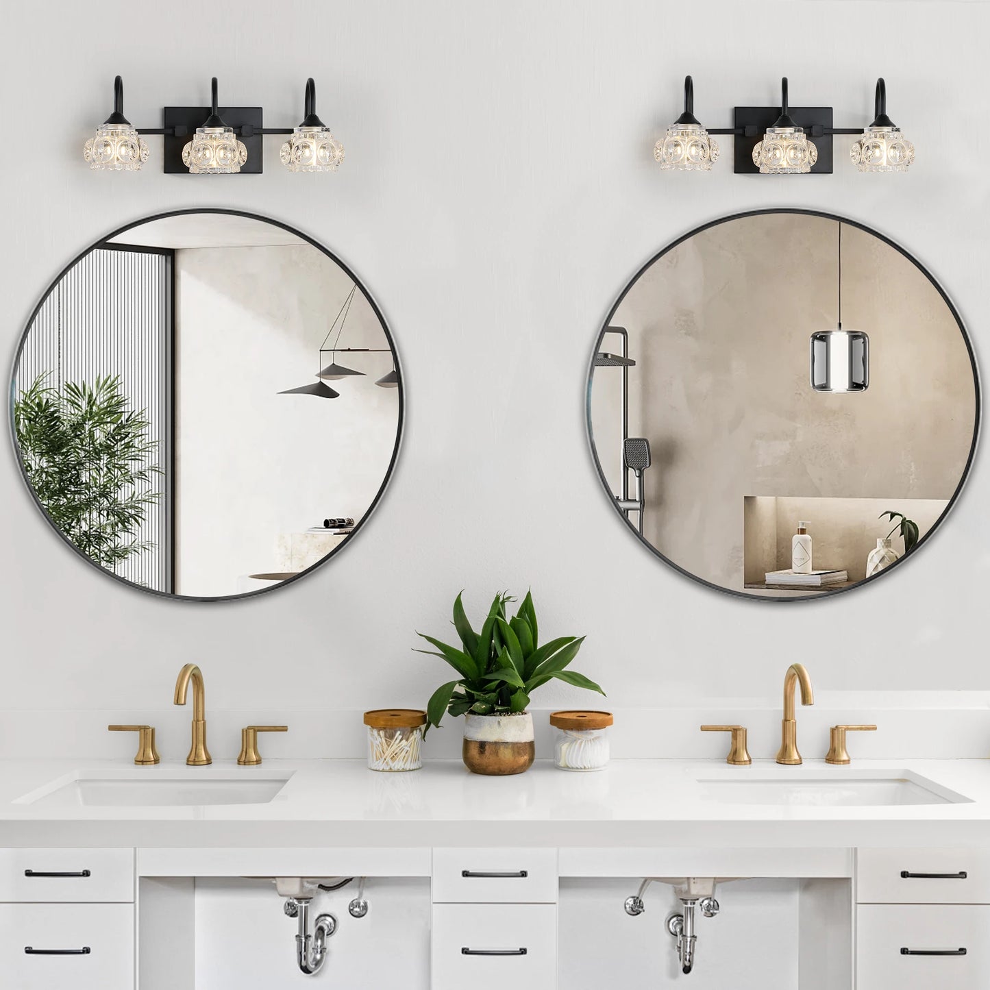 17" Retro 3-Light Bathroom Vanity Light Fixture - Black Finish with Crystal Glass Shades, Wall Mounted Lighting