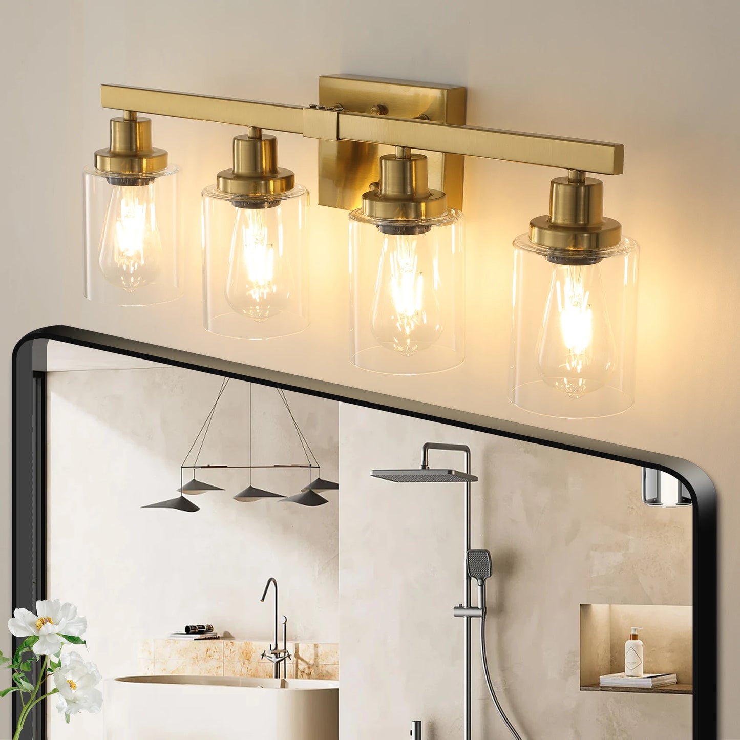Golden 4-Light Vanity Light with Clear Glass Shades, Modern Iron Metal Bathroom Wall Fixture for Mirror Lamp (No Bulbs)