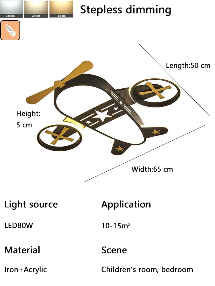 Kids' Room Aircraft Ceiling Light, Creative Cartoon Smart Remote-Controlled Eye-Caring Lamp for Boys' Bedroom