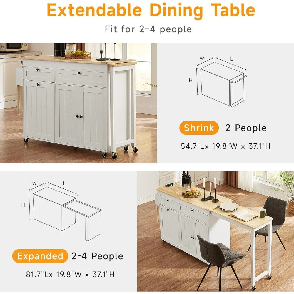 Kitchen Islands with Extendable Dining Table, 81.7" Mobile Kitchen Storage Islands, Rolling Kitchen Cart with Trash Cabinet, Pow