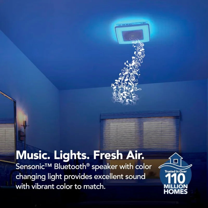 Broan-NuTone ChromaComfort Bathroom Exhaust Fan, 110CFM/1.5 Sones, with Sensonic Bluetooth Speaker and 24-color LED Light