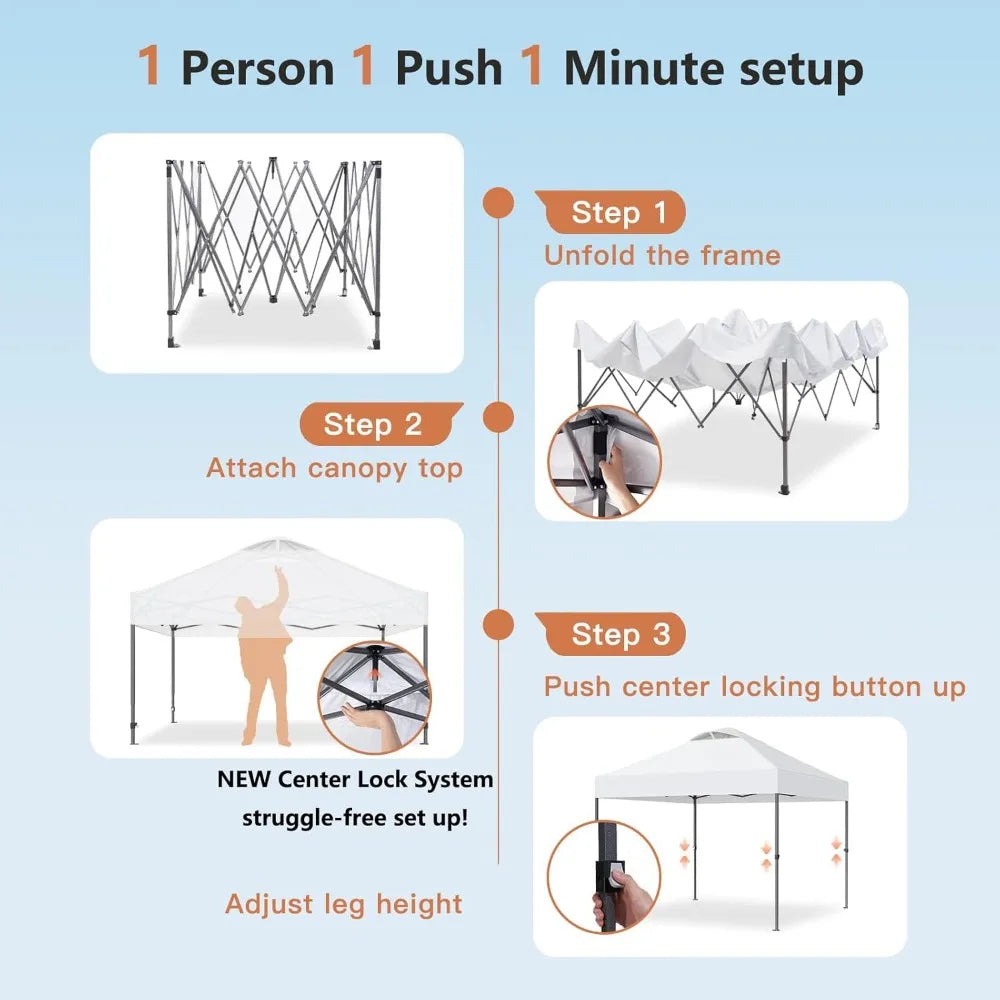 10x10ft 1-Person Setup Pop Up Canopy Tent - Easy Outdoor Sun Shade for Events, Parties, Camping, Gazebo with Wheel Cover Bag