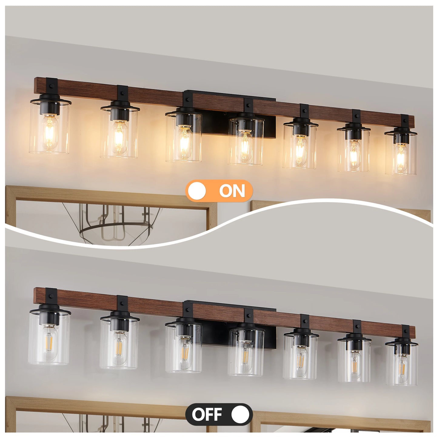 Industrial Vintage 7-Light Wall Sconce - Black Cage Wall Lighting Fixture with Wooden Accents