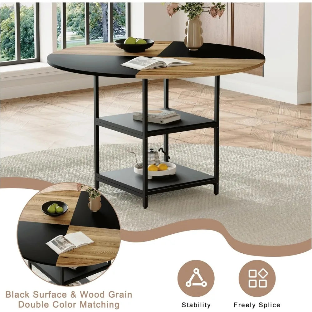Round Dining Table Set for 4, 47” 5-Piece Dining Set with 2-Tier Storage Shelf and Space-Saving Design, Modern Table and Chairs